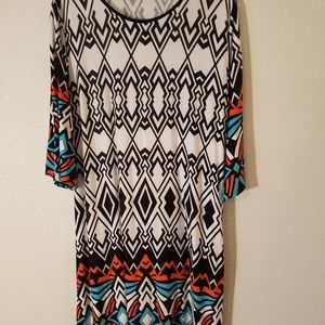 EUC MINX USA Bohemian Art Deco Print Bell-Sleeve Scoop-Neck Knee-Length Dress
